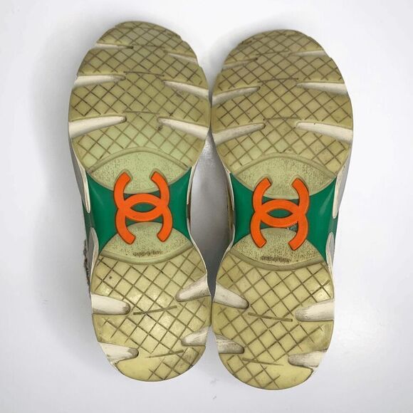 Chanel CC Logo Tweed Rainbow Metallic Gold Multi Sneakers EU 36.5 Lace Up Shoes - Picture 8 of 10